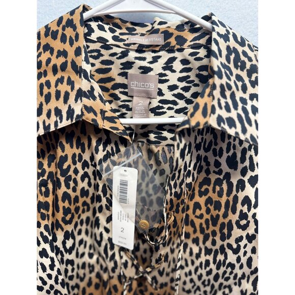 Chicos Leopard Print Button-Up Shirt Womens Size 2 Polyester Leopard Long Sleeve - Picture 2 of 9